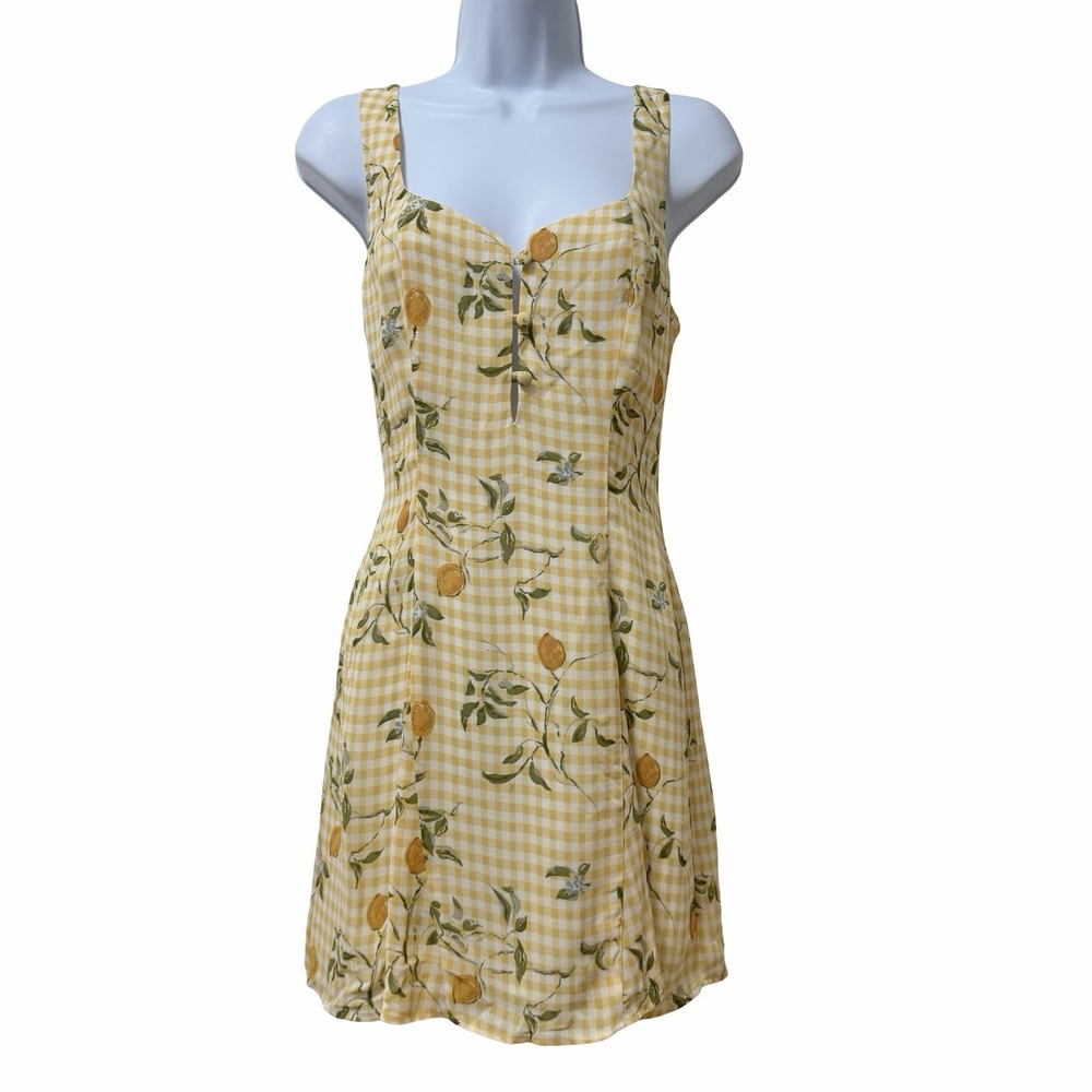 Reformation Gingham Floral Mini Dress Size 4 Lemonade Lemon Fruit Cottagecore